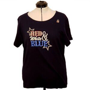 Karen Scott All American Red White & Blue Top w/jeweled Purse Pin, Size 1X